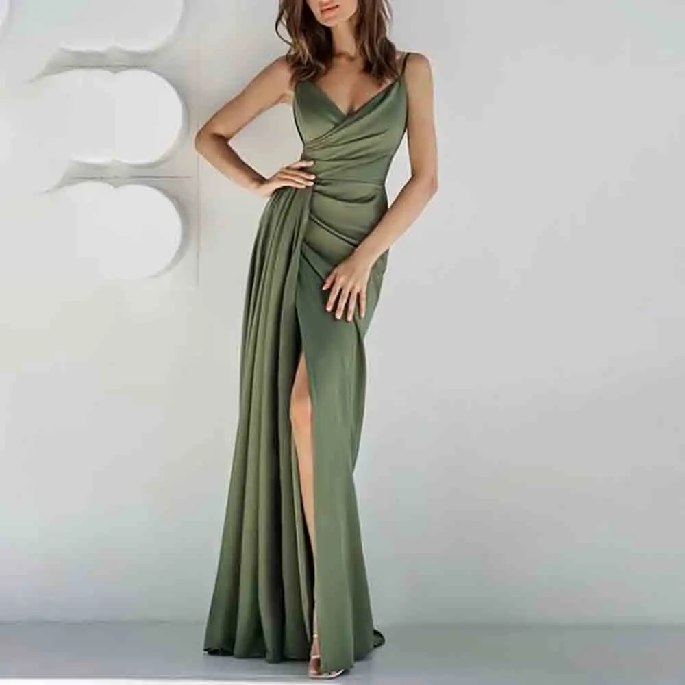 Атласное ежедневното вечерна рокля за спагети презрамки с V-образно деколте и рюшами дължина до пода