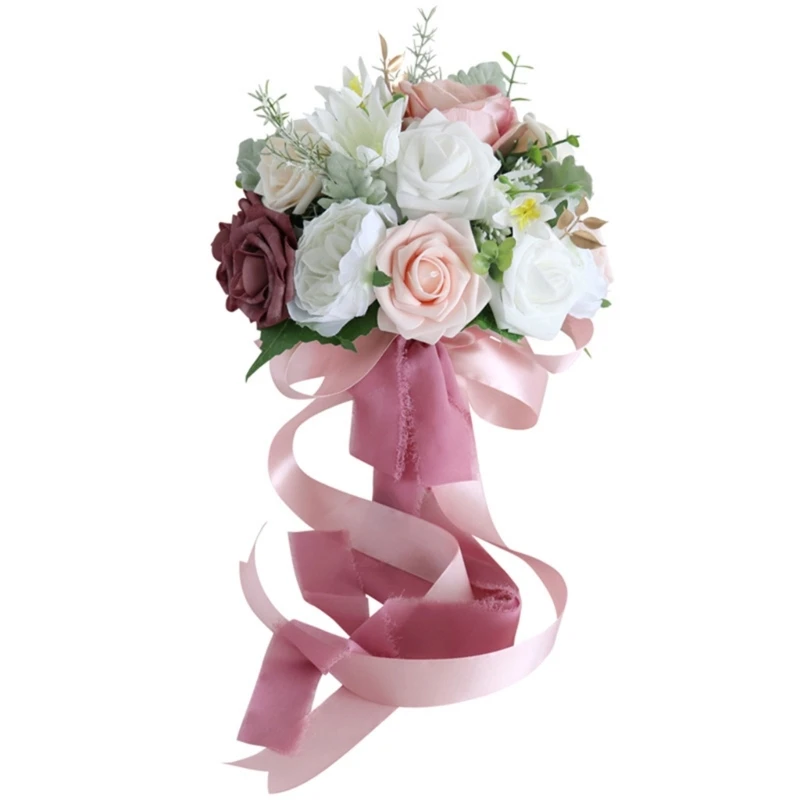Сватбен Букет Розови Бели копринени цветя, Рози Изкуствен Букет на Булката Сватбени аксесоари