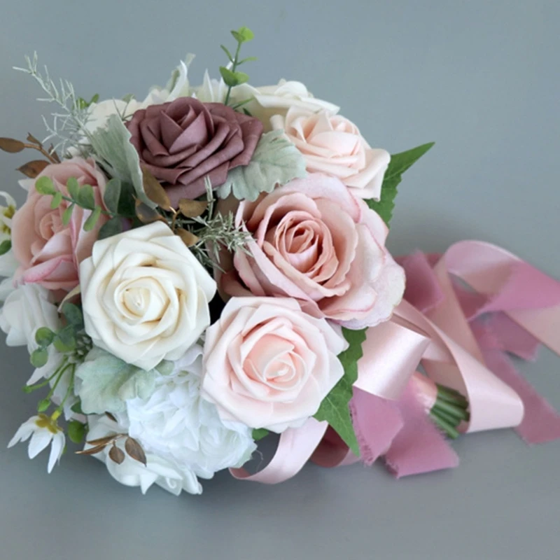 Сватбен Букет Розови Бели копринени цветя, Рози Изкуствен Букет на Булката Сватбени аксесоари