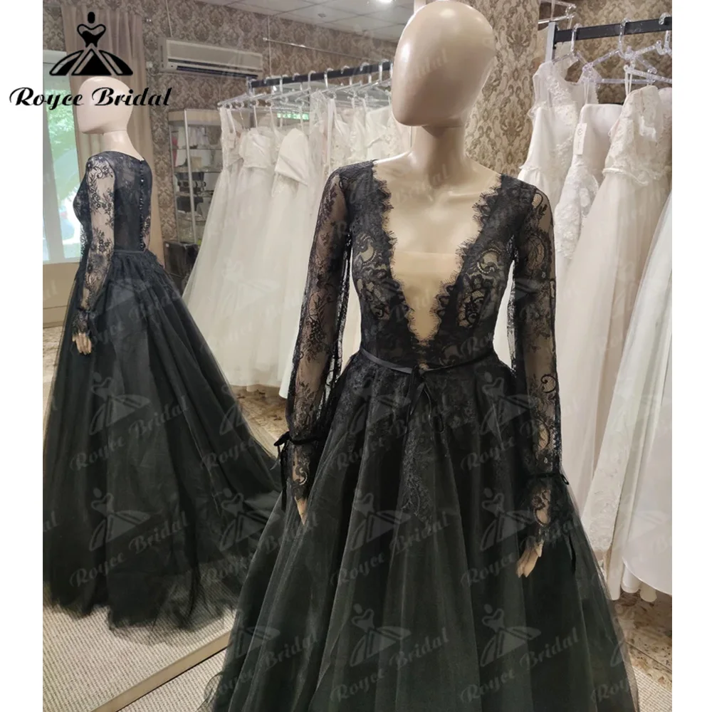 Стилни черни рокли за абитуриентски бал с дантела аппликацией с дълги ръкави и V-образно деколте, вечерни рокли за възрастни, облекла за официални партита De Rode Morrie