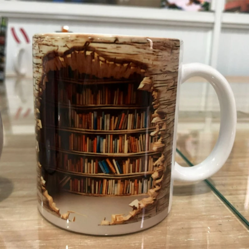 3D лавица за книги, чаша за библиотечната етажерка, креативен дизайн на пространството, многофункционална керамична чаша, 3D бяла чаша