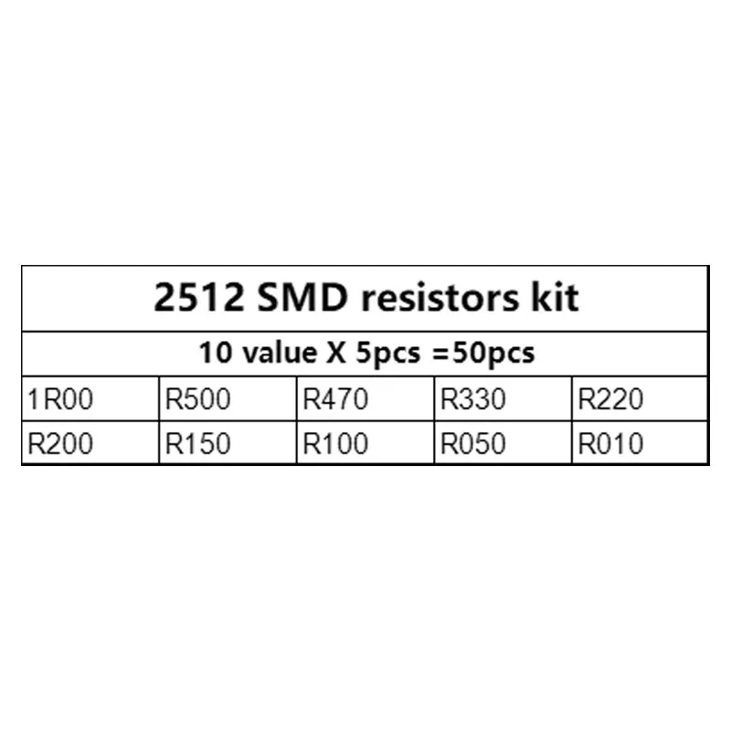 50ШТ Набор от проби на резистор 1% 2512 SMD, 10 valueX5pcs = 50шт 1R00 R500 R470 R330 R220 R200 R150 R100 R050 R010