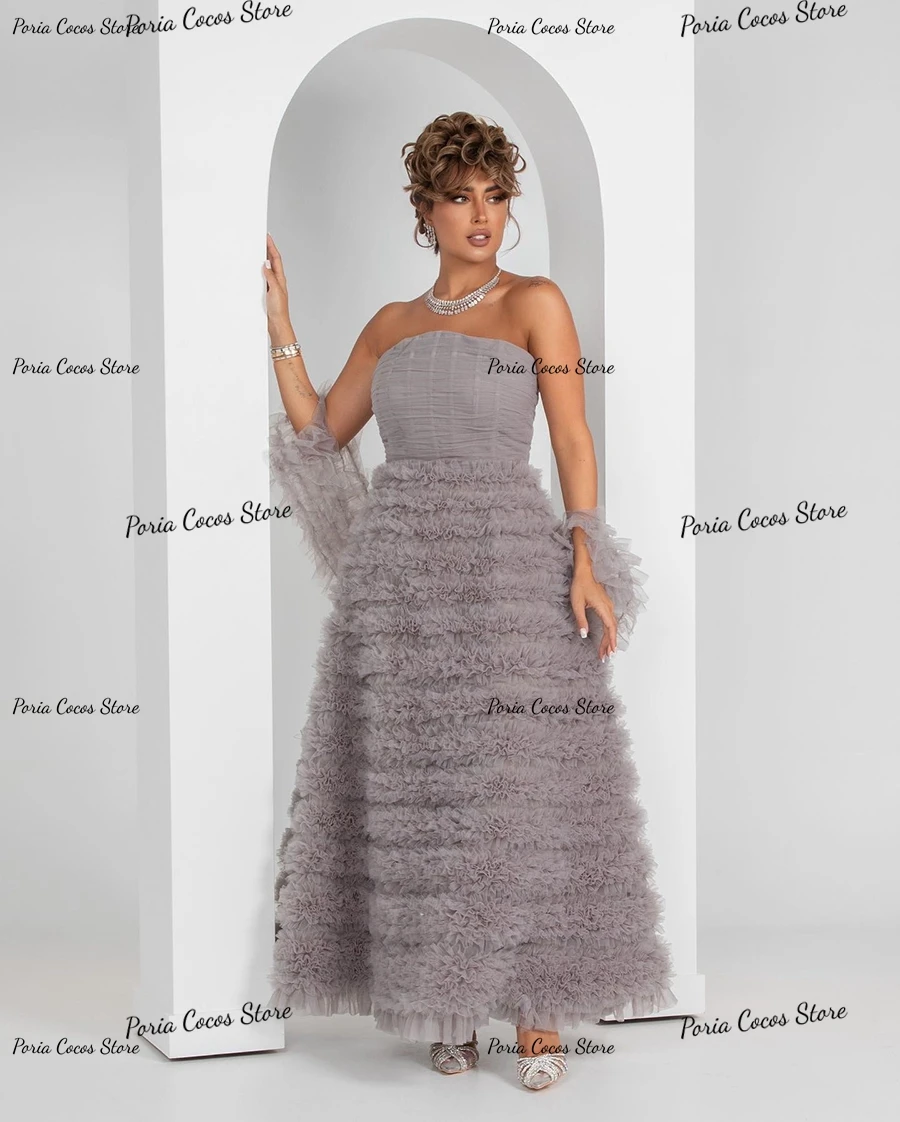 A-line Mesh Dress Strapless Секси абитуриентски бал Gown без гръб Sleeveless Tulle Skirt Celebrity Banquet рокли за триумф