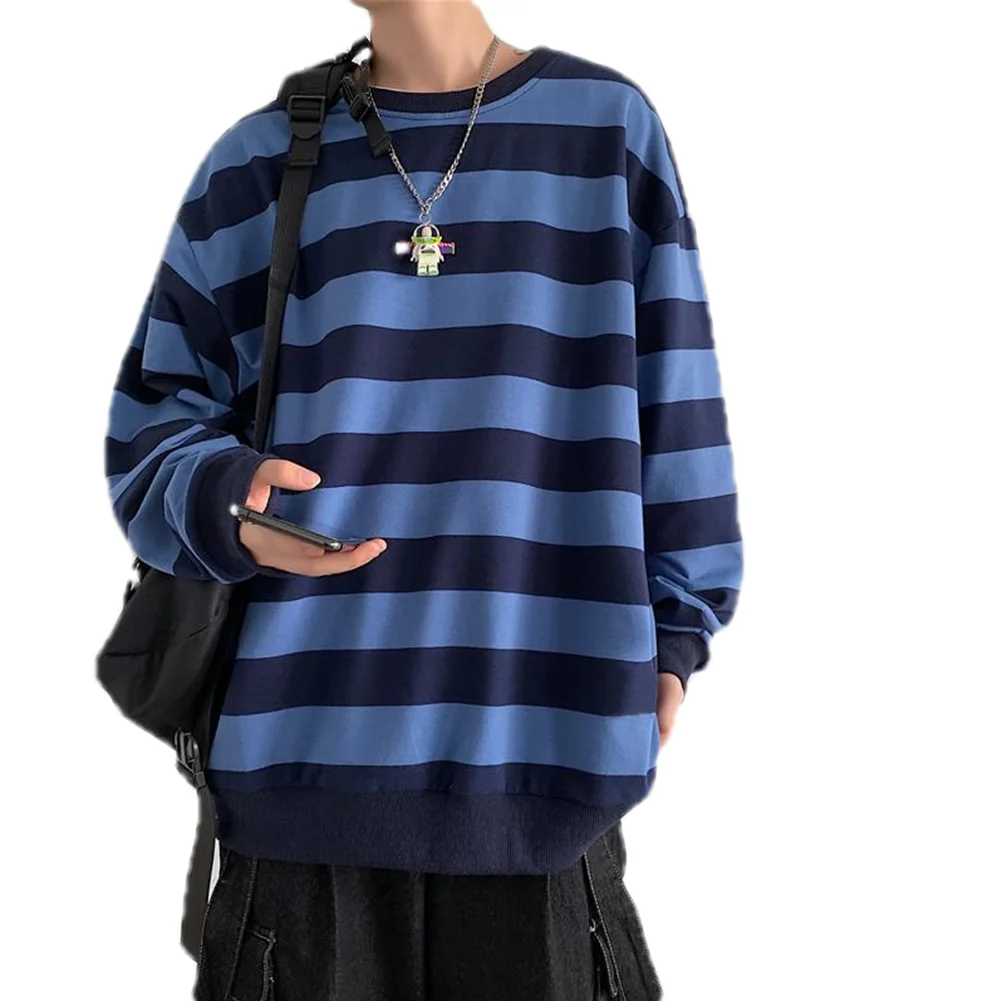 Корейски стил, мъжки пуловери с дълъг ръкав, блузи с ивици контрастни цветове, кръгъл отвор, всекидневни пролетта топ за училище, градинска облекло