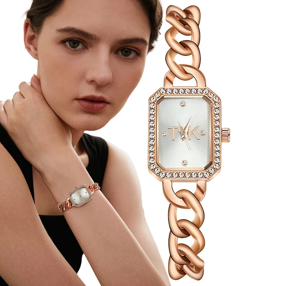 Модни дамски обувки 2024 г., Нова марка, TVK, квадратни Прости кварцови часовници с диаманти, всекидневни гривна, каишка от розово злато, дамски часовници за рокли