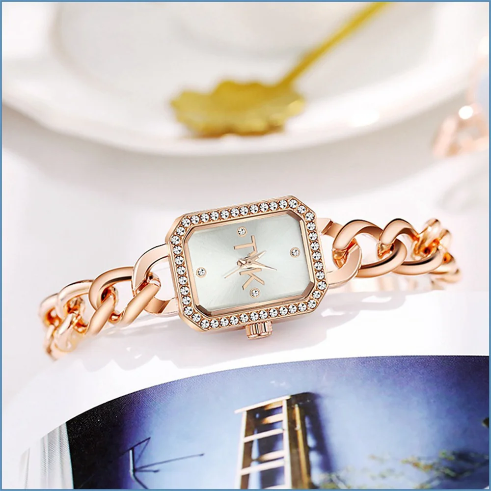 Модни дамски обувки 2024 г., Нова марка, TVK, квадратни Прости кварцови часовници с диаманти, всекидневни гривна, каишка от розово злато, дамски часовници за рокли