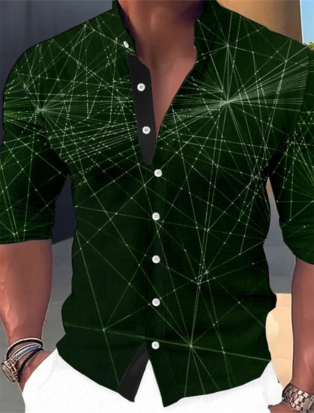 Мъжка риза с дълги ръкави и геометричен модел и яка-часова зелено-сиво градинска модерен дизайнерски ежедневни облекла