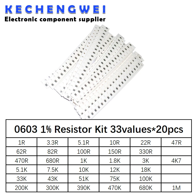 Набор от резистори SMD 0603, Асорти, 1 ом-1 M Ω, 1%, 33 стойността на x 20pcs = 660шт, набор от проби
